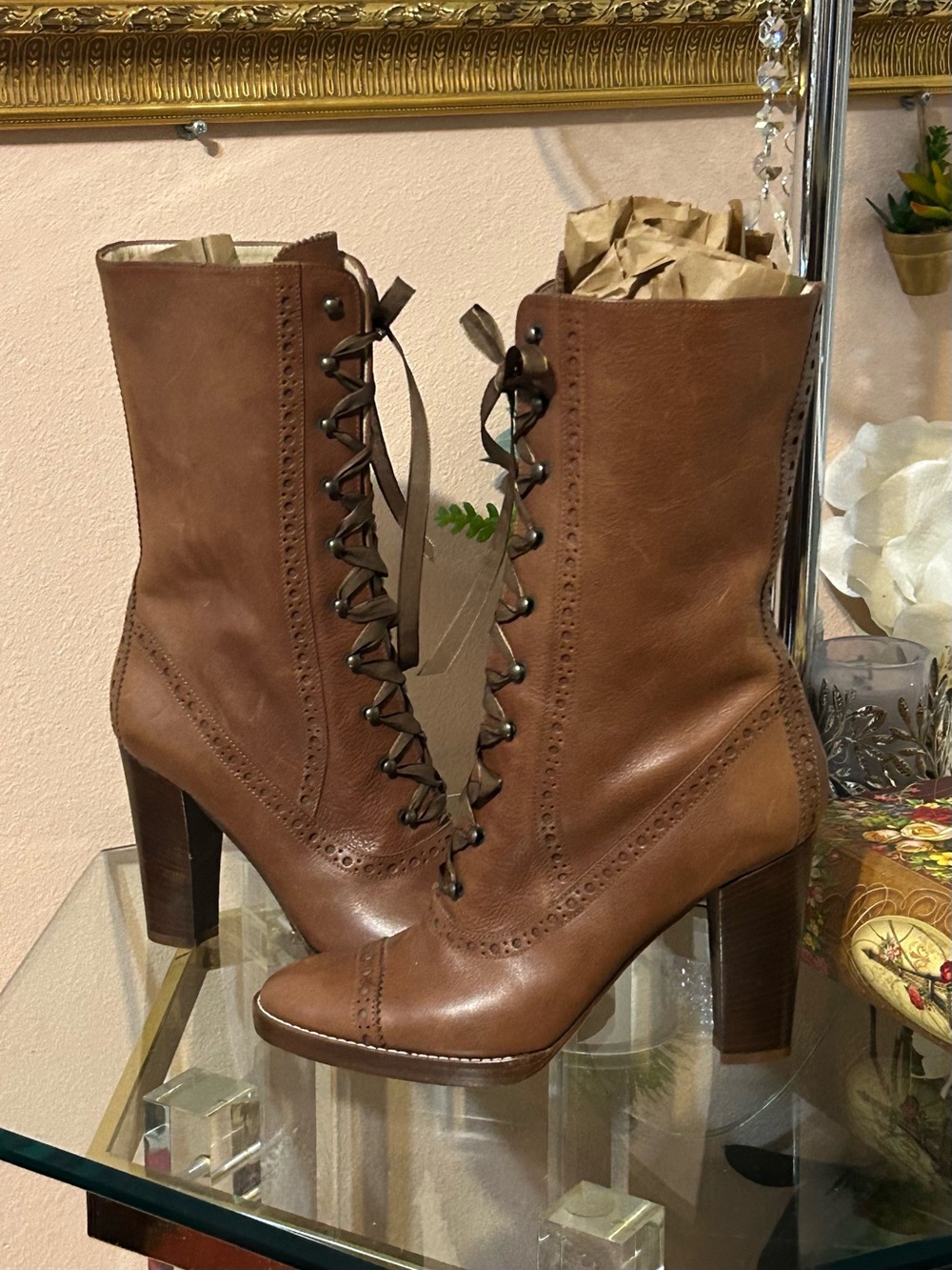 * RARE * Michael Kors Vintage Victorian Lace-Up Brown Leather Boots Size 9.5